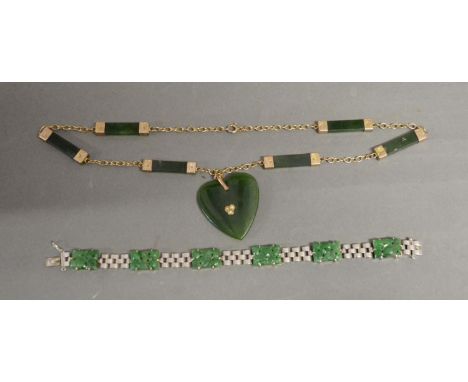 A 9ct. White Gold Jade Set Panel Bracelet together with a similar necklace with heart shaped pendant 