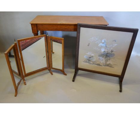 A 19th Century Oak Rectangular Side Table, together with a triple swing frame mirror and a silk embroidered fire screen 