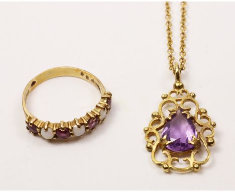 Ruby and opal ring hallmarked 9ct and an amethyst pendant necklace stamped 9ct   Condition Report   Click here for further im