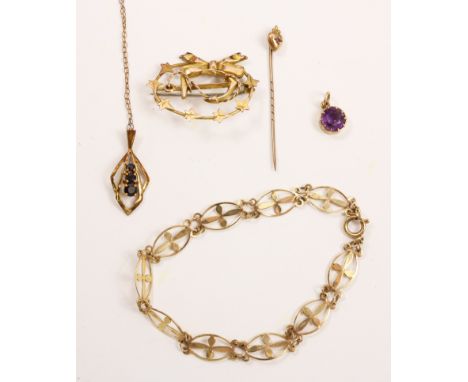 Gold fancy link bracelet hallmarked 9ct approx 3.4gm, sapphire pendant necklace hallmarked 9ct, amethyst pendant, ruby stick 