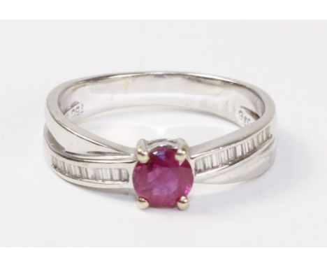 Ruby and baguette diamond cross-over ring stamped 750   Condition Report   Click here for further images, condition, auction 