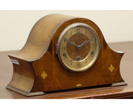 Early 20th century inlaid walnut mantel clock and an 300 day anniversary torsion clock under glass dome