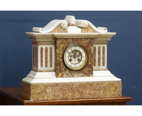 19th century white marble mantel clock, with visible escapement, W43cm