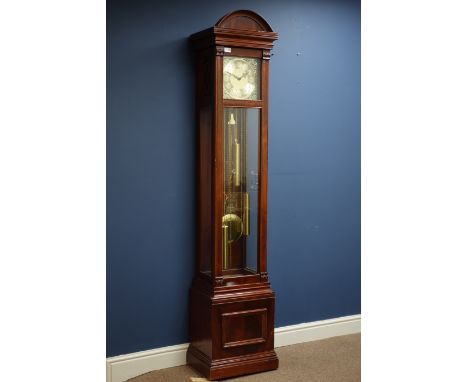 Reproduction 'Sellini' mahogany longcase clock, triple weight driven movement, chiming the hours and quarters on gongs, H199c