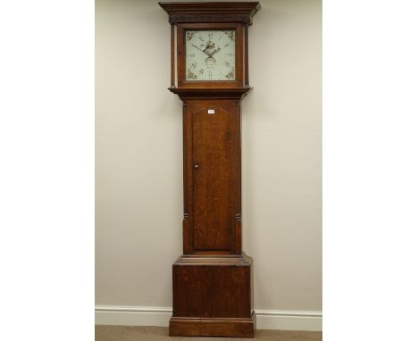 Late 18th century oak longcase clock, canted corners with fluted quarter columns, painted enamel dial with 30-hour movement, 