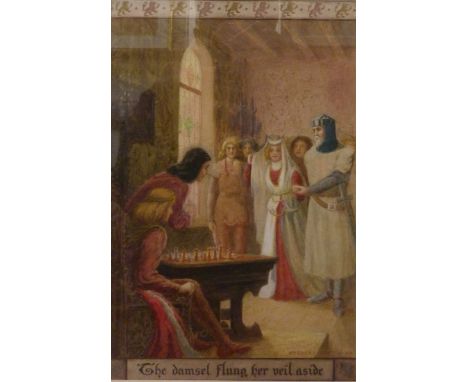 Herbert Green, King Alfred playing chess, watercolour, dated 1908, framed 