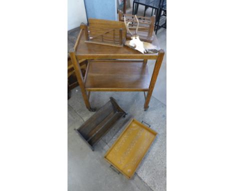 An oak trolley, a book stand, letter rack, pipe rack, etc. 