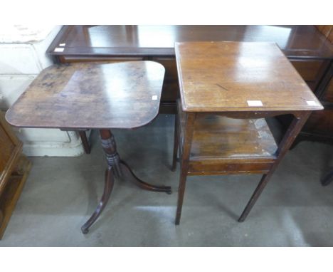 A George III mahogany single drawer washstand and a mahogany tripod table, a/f 