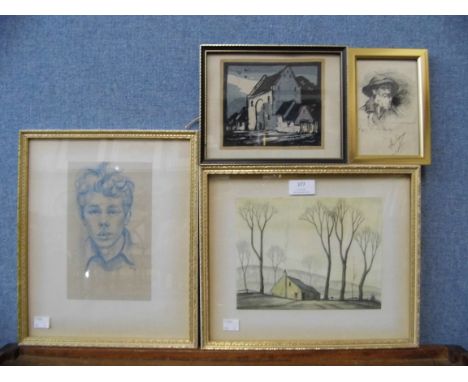 Noel Wilkie, landscape, mixed media, a small pastel portrait, a wood block and one other 