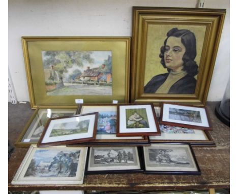 J. knight, landscape, watercolour, a female half portrait, oil on board and assorted prints 