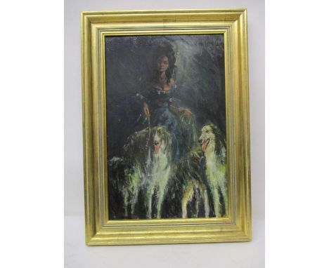 Gordon King - a full length portrait of his wife, flanked by dogs, oil on board signed 17" x 11" framed 