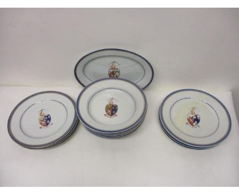 A late 18th century Chinese Armorial part dinner service decorated with a bow and arrow and shield, comprising six bowls, 9 3