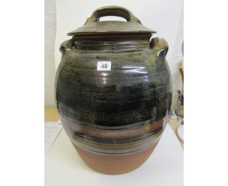 A quantity of Winchcombe studio pottery to include a large, twin handled pot and cover of barrel shaped form, 21" high, vario