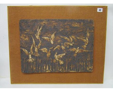 Geoff Hartley - a studio pottery tile plaque decorated with birds in flight and perched above a fence, 12 1/2" x 17 2/8, moun