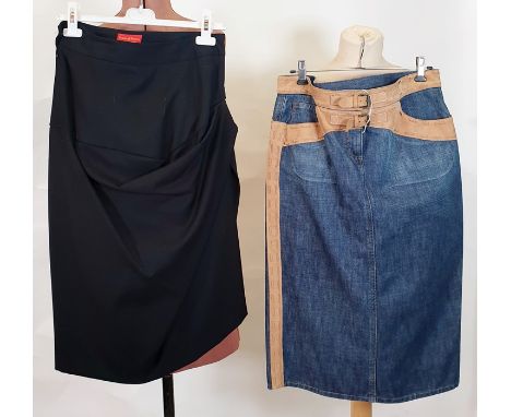 Vivienne Westwood Red Label black skirt, Dom and Ruby full-length suede black skirt with front buckle half belt detail, Dries