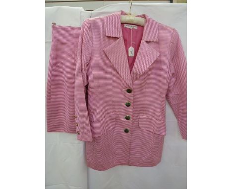 Yves Saint Laurent Rive Gauche silk pink and white striped cocktail skirt suit, the brass-coloured buttons with enamel bullse