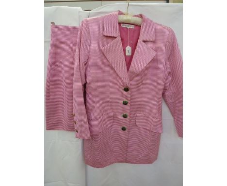 Yves Saint Laurent Rive Gauche silk pink and white striped cocktail skirt suit, the brass-coloured buttons with enamel bullse