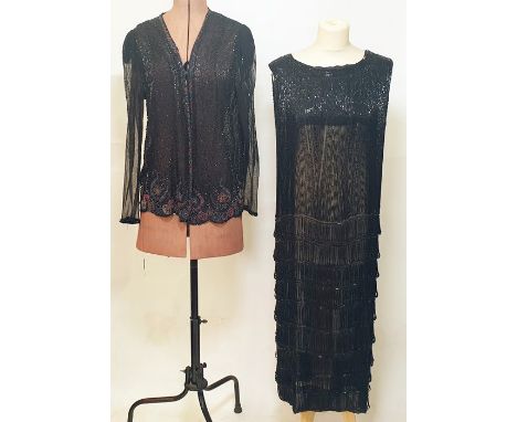 1920's-style beaded flapper dress decorated with black bugle beads, sleeveless, all on chiffon in tiers and a 1920's-style ch