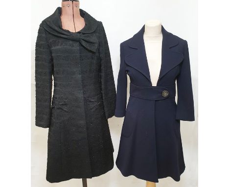 Aideen Bodkin 1950's-style evening coat, black with silver thread, draped collar and bow fastening with a Goat navy wool coat