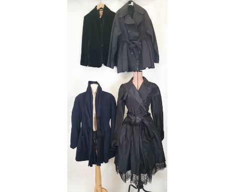 Gigli blue wool jacket/coat, pleated, flared black wool tie and a deep short shawl collar, a Gigli black velvet jacket with f