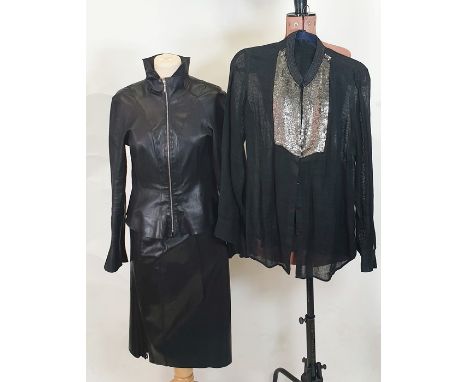 Dom and Ruby fitted biker jacket in black leather, whipstitch detail with matching skirt, size 14, a Prada black broderie ang