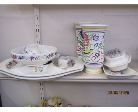 Pair of Poole Pottery vases with floral and bird decoration and other Poole Pottery tableware, including a bowl and covered b