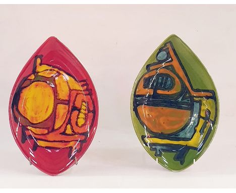 Two Poole Pottery teardrop-shaped dishes, one red ground the other green ground (2) Condition Reportsee attached photos. no o