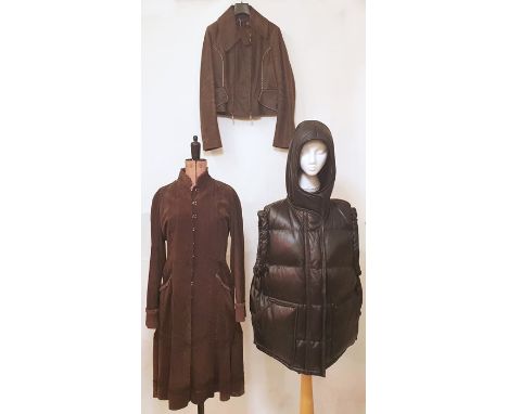 Chine suede coat with stitched detail and metal hook fastenings,&nbsp;a Just Cavalli suede bomber jacket&nbsp;with a faux hor
