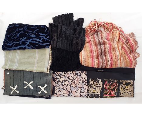 Various scarves including Dries van Noten, panels of silk with mother-of-pearl button and embroidered decoration, greys, blue