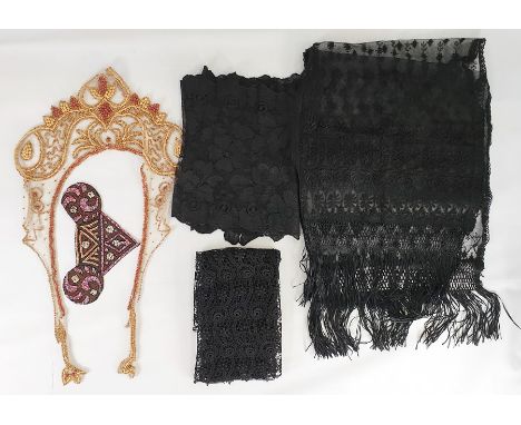 Black Victorian net and embroidered scarf/shawl with a deep fringe, a length of black lace, a black mantilla, a collar embroi