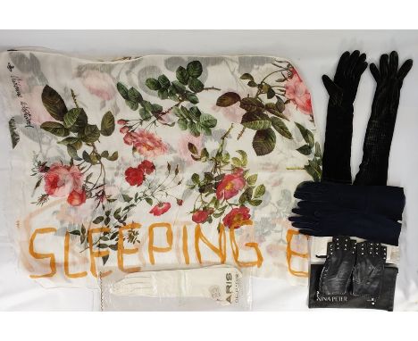 Vivienne Westwood scarf printed with roses and titled 'Sleeping Beauty', a Liberty linen black and white scarf and a selectio