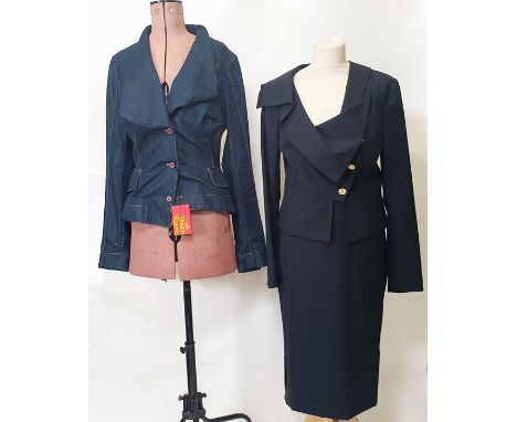 Vivienne Westwood Red Label denim jacket and a Vivienne Westwood Red Label black skirt suit with iconic globe button, size 46