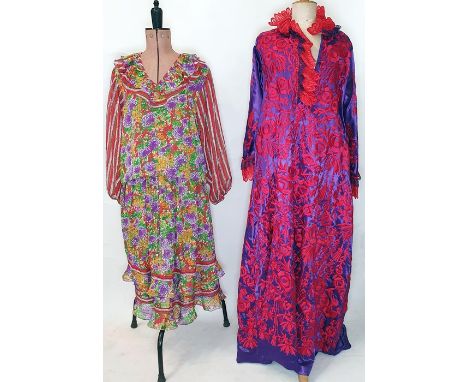 Heavily embroidered kaftan style full-length dress, red on dark purple satin with red and purple lace frill to collar and cuf