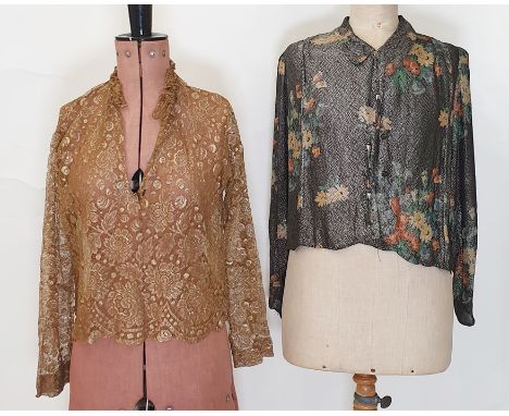 1920's/30's printed lame shirt with tassel and metal buttons and a lace gold lame blouse (2) 