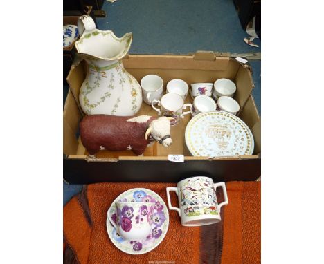 A quantity of china to include; 10 Royal Worcester 'Evesham' ramekins, a Burleigh Ironstone two handled mug, a large Middlepo