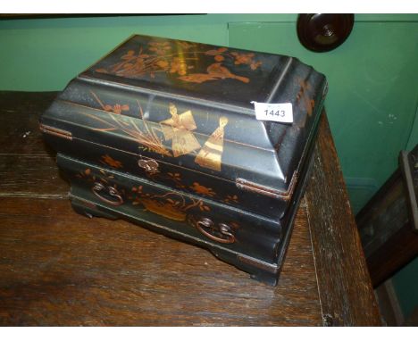 A black lacquered trinket/writing Box of elegant form decorated with trailing flowering stems and birds and oriental figures,