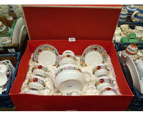 A 'Kalocsa' Hungary boxed tea set, white with hand painted colourful flowers and leaves, setting for six including cups &amp;