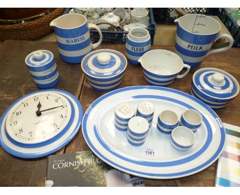 A quantity of T.G. Green 'Cornishware' including; sauce boat, measuring milk jug - 2 pints (chip to rim), 'Marvel' jug, cruet