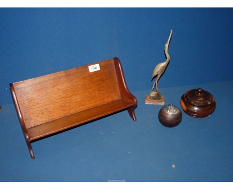 An early 20th century book trough, 14" long, a heavy treen jar and lid, a small circular treen jar with Niello top and a horn