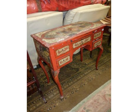 A distressed lacquered/painted Writing Table of continental flavour, the terracotta coloured painted surfaces having reserves