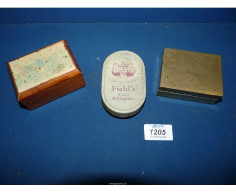 A small hand crafted Annabella trinket box made in Jamaica, lid having a photo of Harmony Hall Ocho Rios, 3 1/2" x 2 1/2" x 1