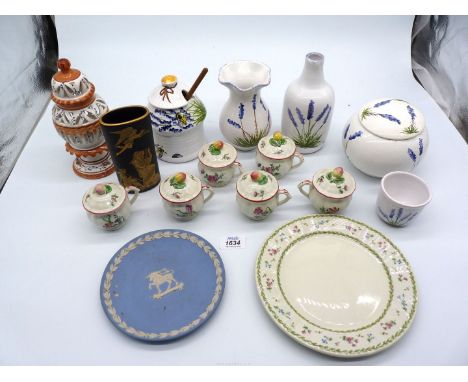 A quantity of pottery including six French chocolate cups with lids, lavender vases, honey pot, Limoges plate etc.