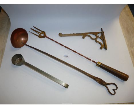 A Horlicks measuring scoop with holes, a copper and metal ladle, toasting fork with brass tongs, twist copper neck and wooden