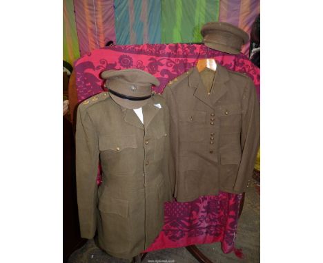 Two khaki British Army Scots Guards dress jackets, 36" chest approx., along with two British Army peaked caps, plus another s