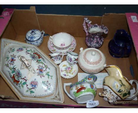 A quantity of china including Wedgwood Queensware pink on cream sugar bowl, blue and white oriental ginger jar (wooden lid a/