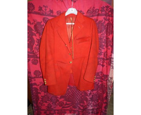 A red wool Hunting Jacket, with two brass monogram buttons, also with an attached string for pocket watch, 42" chest approx.