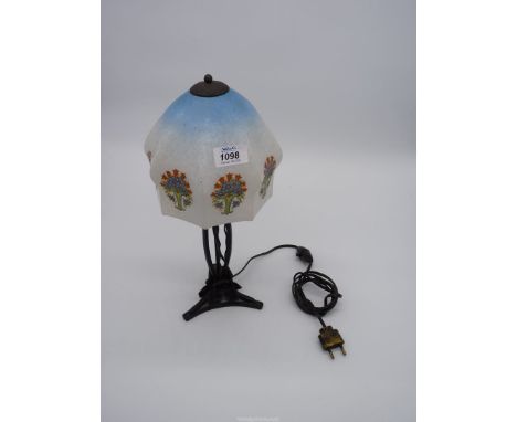 A 1940s (?) art deco style wrought iron table lamp with a frosted and transfer printed glass shade.