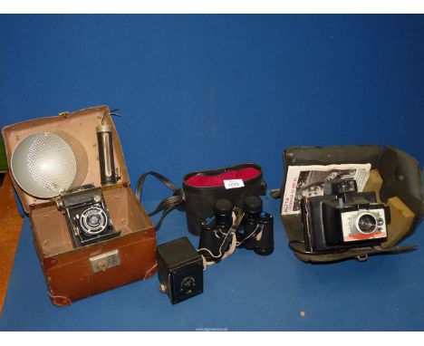 A quantity of Cameras including Coronet Bellows style, small box camera, Hawkeye Ace by Kodak, etc plus a pair of cased Binoc