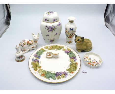 A small quantity of china to include; Aynsley cat, bud vase, dish, miniature love seat and 'Wild Violets' ginger jar with lid