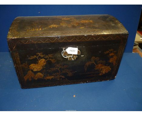 A large oriental black lacquered dowry trunk with brass fittings a/f., plus a small trinket box, 18" x 10" x 11".